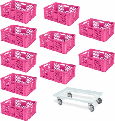 Produktbild von 10 Euroboxen, 600x400x240 mm, pink, lebensmittelecht + 1 Transportroller