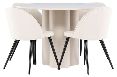 Produktbild von Olivia Essgruppe Tisch Ø110cm und 4 Velours Stühle beige.