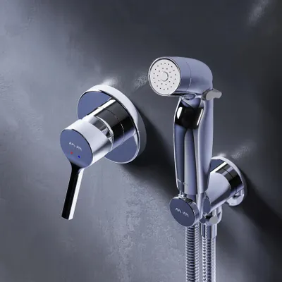 A chrome bidet faucet and hand sprayer are mounted on a textured gray wall.