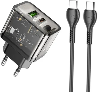 Zdjęcie produktu dla Ładowarka do telefonu Hoco USB A + USB C QC3.0 PD 3A 20W + kabel USB C do USB C N34 transparnentny