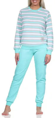 Produktbild von Damen Frottee Schlafanzug lang, Pyjama in Ringel-Optik und Eiskristall-Motiv ; mint , 36-38