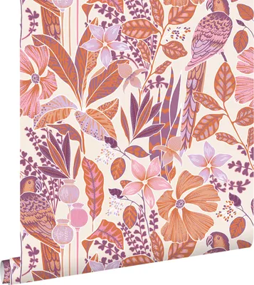 Produktbild von ESTAhome Tapete tropischen Blumen und Paradiesvögeln Orange und Lila 50 x 900 cm
