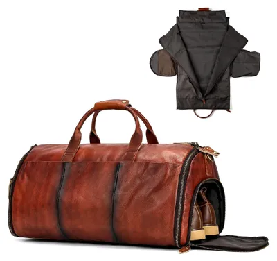 Produktbild von Echtleder Reisetasche Große Kapazität Wochenendtasche Klappbare Kleidungstasche mit Schuhfach, Übernachtungstaschen für Männer Frauen, Kaffee