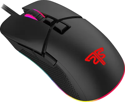A black gaming mouse with RGB lighting.