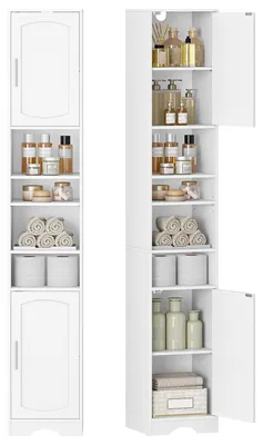 Productafbeelding van Hoge Kast voor de Badkamer - Verstelbaar Rek - 2 Deuren/4 Open Vakken - 30 × 30 × 180 cm - Wit