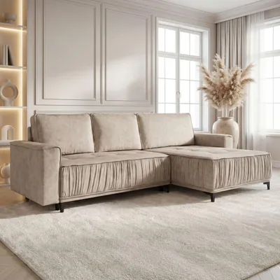 Produktbild von Ecksofa mit Schlaffunktion & Stauraum, Wohnlandschaft in L-Form – Universell Rechts/Links 4-Sitzer Loungesofa 270 × 150 × 92 cm –  Glamour, Freistehend mit Rückenkissen – Beige Samt Velours
