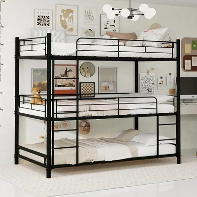 Obrázek produktu pro Třípatrová kovová postel o rozměrech 90 x 190 cm s integrovaným žebříkem, celoplošnými bočními zábradlami, kovovými lamelami a protiskluzovou základnou pro tři lůžka