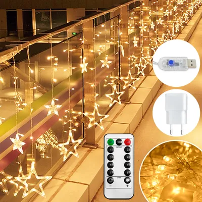 A collage of images showing star-shaped string lights, a USB controller, a power adapter, and a remote control.