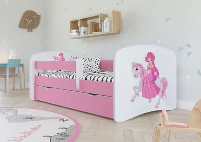A child's bedroom with a pink bed.