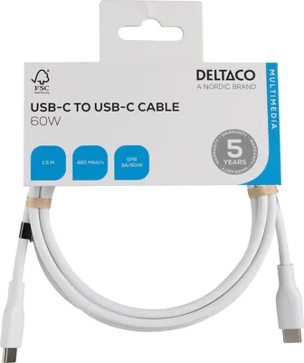 Image de Deltaco USBC-2015WI, 1,5 m, USB-C, USB-C, USB 2.0, Blanc
