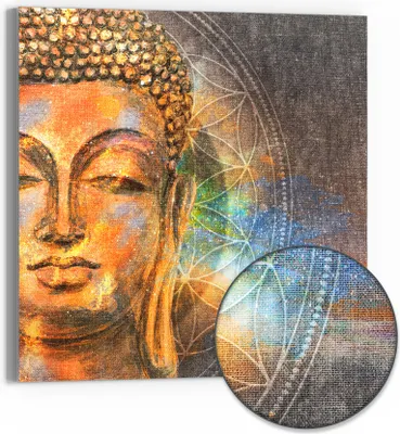 Produktbild von DEQORI Hybrid Leinwand Bild 30x30 cm 'Meditierender Buddha' Wandbild Glas flach modern