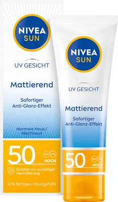 A product shot of NIVEA SUN face sunscreen, showing both the box and the tube.