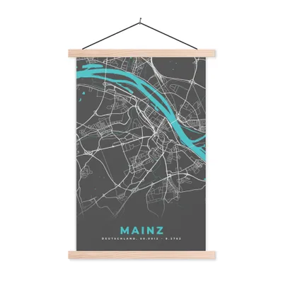 Produktbild von MuchoWow® Textilposter Stadtplan - Karte - Mainz - Blau - Deutschland - Karte 40x60 cm mit holzfarbenen Rahmen - Poster