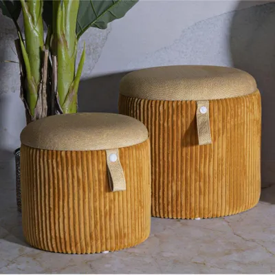Immagine prodotto di Set pouf Bolzano con contenitore giallo senape 2 pezzi Ø38x38cm Ø32x28cm Poliestere MDF