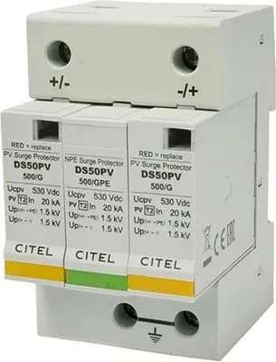 Imagen del producto de Solarmi DS50PVS-500/G, supresor de sobretensiones, 500 Vcc, con certificación CE