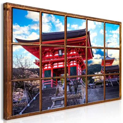 Produktbild von Wandbild Mega XXXL Fensterblick 250x125 cm Einteiliger XXL-Format Kunstdruck zur Selbstmontage Leinwandbilder moderne Bilder DIY Wanddekoration Wohnung Deko Japanischer Tempel d-C-0169-ak-e
