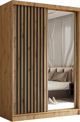 Produktbild von Masseno Schiebetürenschrank LAMELLO 150 cm Kleiderschrank Schlafzimmer Schrank 2-türig mit Spiegel und Lamellen Eiche Artisan