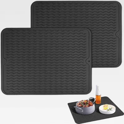Produktbild von 2 STK Silikon Abtropfmatte Geschirr Abtropfmatte Spüle, 40 x 30 cm hitzebeständiges Spülmatte, rutschfest Spülbeckenmatte, Geschirr Trockenmatte, Abtropfunterlage, Besteck Barmatten (Schwarz)
