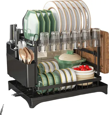 Obrázek produktu pro Odkapávač na nádobí, samoodkapávací design, kompaktní a odolný, černý, 42*30*29 cm, dvoustupňový
