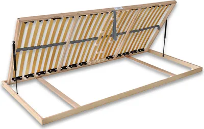 A wooden bed frame with a slatted base, shown in an open position with gas struts supporting the lifted section.