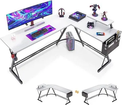 Produktbild von Gamingtisch in L-Form mit runder Ecke, weiß, 167 x 120 cm. Ecktisch mit Monitorplatte, ideal für Gaming