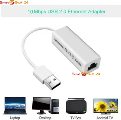A white USB 2.0 Ethernet adapter is shown in the center, with various devices (laptop, desktop, TV box, Android TV) displayed below as examples of its use. The top of the image has branding and product title.