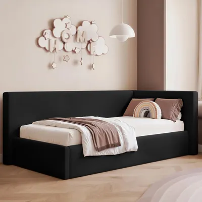 Obrázek produktu pro Postel pro mládež Sampre, 90x200 cm, černá, pravá strana, potahová látka – s úložným prostorem, kovový rošt