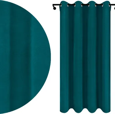 A close-up of a teal curtain and a full view of a teal curtain hanging on a rod.