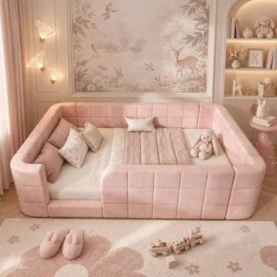 Productafbeelding van Kinderbed met zachte bekleding, 140 x 190 cm, in roze, met lattenbodem en een omloopbeschermingsrand