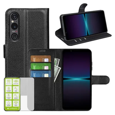 Obrázek produktu pro Pro Sony Xperia 1 VII Umělá kůže Book Wallet Pouzdro na mobilní telefon Černá + 9H tvrzené sklo