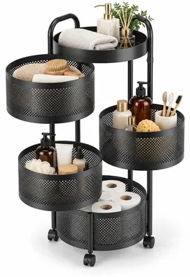 Produktbild von Relaxdays Rollwagen, 4 Körbe, Ablage, Metall, H x D: 79,5 x 33 cm, 4 Rollen, Küche, Bad, Büro, Beistellwagen, schwarz, KI-generiertes Bild