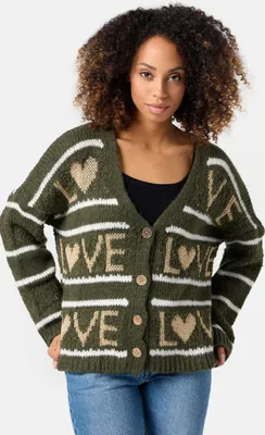 Produktbild von PM SELECTED Festliche Damen Strickjacke mit goldenem Love Muster Gestreift Cardigan Jacke Pullover Gestrickt PM68 Olive Einheitsgröße 34 - 38