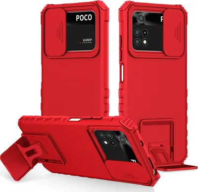 Produktbild von Xiaomi Poco M4 Pro 4G Hülle, Dual Layer Ständer Schutzhülle mit Schiebe Kamera Schutz für Xiaomi Poco M4 Pro 4G Rot