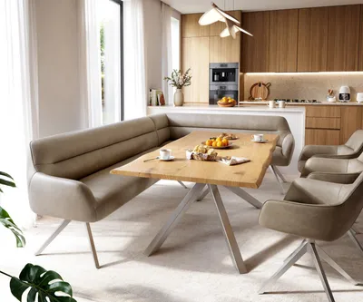 Immagine prodotto di DELIFE Panca da pranzo Taya-Flex, 285x190 cm, rivestita in microfibra beige, stile vintage, struttura a croce angolare in acciaio inossidabile, imbottitura a molle insacchettate, lato destro