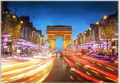 Produktbild von Wallario Wandbild Arc de triomphe in Paris bei Nacht, Größe: 70,30 x 100,30 cm, Poster mit weißem Kunststoffrahmen
