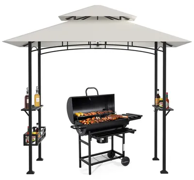 Obrázek produktu pro Grilový altán Eikuavons s dvojitou střechou, rozměry 238 x 148 x 250 cm, béžový, s bočními policemi, háčky a otvírákem na láhve do zahrady