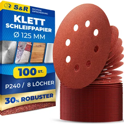 Image de Kit de papier abrasif S&R Klett, 125 mm, Meister, 8 trous, 100 pièces, grain P240