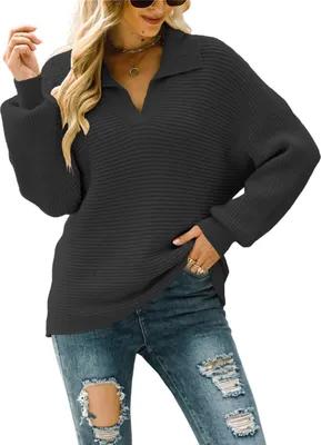 Produktbild von ASKSA Damen Strickpullover Rippstrick Reverskragen V-Ausschnitt Pullover Langarm Casual Oberteil, Schwarz, XL