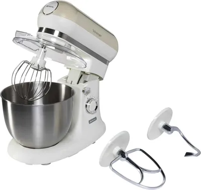A white and cream colored stand mixer with a silver bowl and attachments.