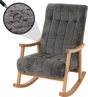 Immagine prodotto di Sedia a dondolo HWC-K10, reclinabile, legno  tessuto/ceniglia tessile (465g/m²) ~ grigio scuro, struttura naturale