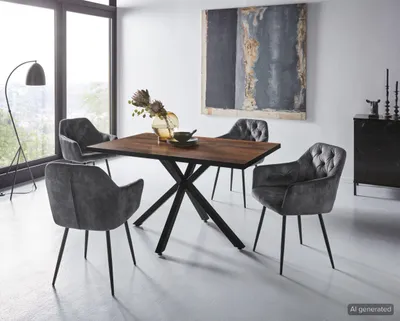 Produktbild von Hela Tische, 5tlg. Essgruppe Cleo, Tisch Oldwood-Nachbildung Sterngestell Metall, Armlehnstuhl Anthrazit Steppung Samt-Bezug, KI-generiertes Bild