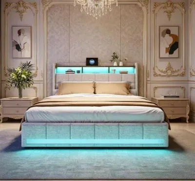 Obrázok produktu pre Posteľ – čalúnená posteľ 140 × 200 cm – úložný priestor so 4 zásuvkami – LED osvetlenie – USB port na nabíjanie – ľanová látka – béžová