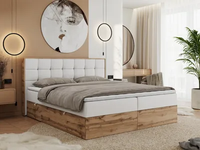 Produktbild von MKS MEBLE Boxspringbett 200x200 mit Bettkasten Eiche, Polsterbett 200x200 mit Matratze H3, Bett 200x200 mit Kopfteil, Eiche Wotan - 200x200 - Weiß Kunstleder - Albero-1