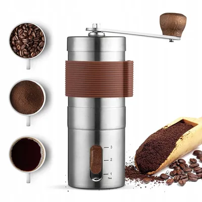 A collage of images showing a manual coffee grinder with different stages of coffee: whole beans, ground coffee, and brewed coffee.