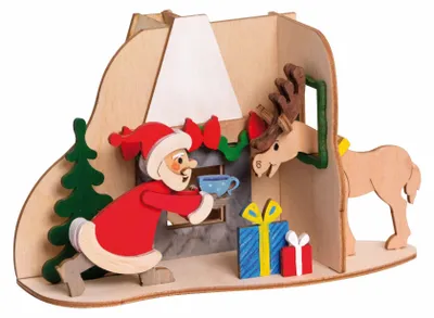 Produktbild von Drechslerei Kuhnert - Bastelset Räucherhaus Weihnachtsmann & Elch - Größe ca. 18cm, für Räucherkerzen Größe M (Standard) - 10190