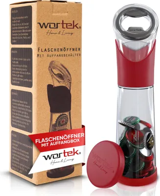 Produktbild von wortek Flaschenöffner mit Auffangbehälter Rot - Getränkeöffner Bieröffner Bierflaschenöffner Kronkorken Sammler Bar Küche Camping Zubehör - Geschenk für Männer und Bierliebhaber