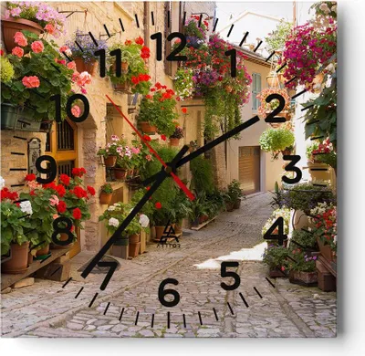 Produktbild von Wanduhr - Quadrat - Glasuhr - Blume Straße Haus - 40x40cm - Schleichendes Uhrwerk - Lautlos - zum Aufhängen bereit - Dekoration Modern - Wanddekoration aus Glas - C4AC40x40-3586