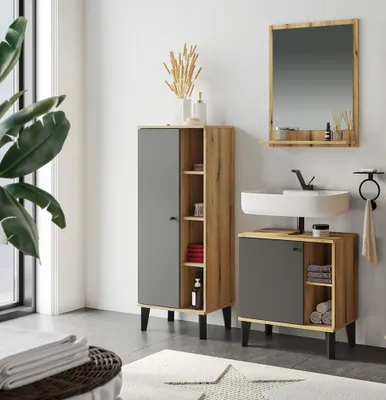 Produktbild von Badmöbel-Set 3-teilig mit Waschbeckenunterschrank 60 cm, Spiegel, in Eiche mit grau OLEAN-61
