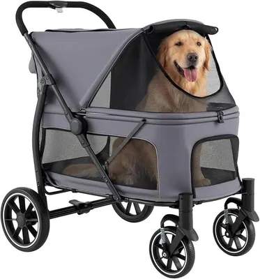 Imagen del producto de Carrito plegable para perros con capacidad de hasta 40 kg, buggy para mascotas con 4 ruedas, techo ajustable, ventanas de malla y 3 bolsillos. Ideal para perros y gatos grandes (color gris)