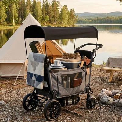 Produktbild von Flieks Bollerwagen faltbar mit Dach, Handwagen mit 5-Punkt-Gurt für 2 Kinder, Sitz zu Bett umwandelbar, 8-fach Griffverstellung, 124x121x61 cm, Grau